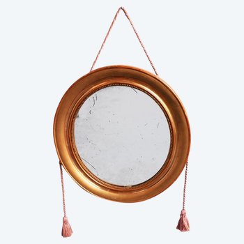 Miroir Louis-Philippe Rond En Bois Doré Au Perlé XIXème