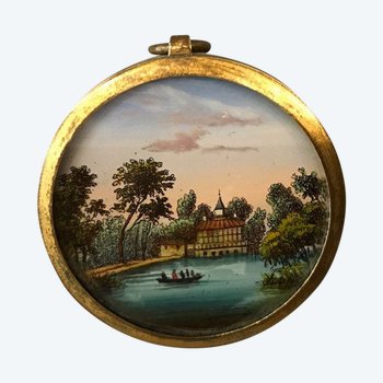 Miniature Petit églomisé Dans Un Cadre En Laiton D’époque 18 ème