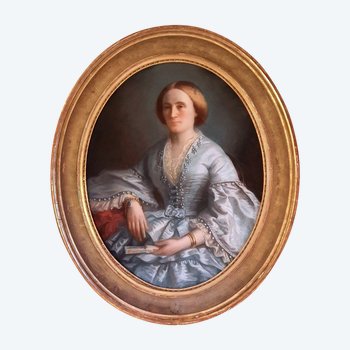 Grand Pastel Femme à l'éventail XIX ème siècle