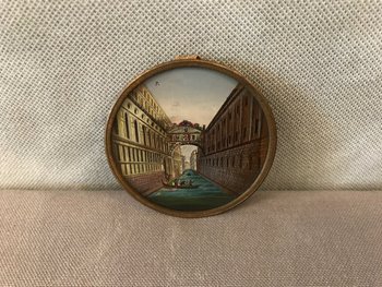 Miniature Petit Cadre Rond Eglomisé Décor De Venise D’époque 18 ème