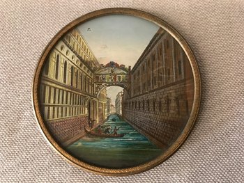 Miniature Petit Cadre Rond Eglomisé Décor De Venise D’époque 18 ème