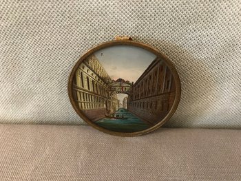 Miniature Petit Cadre Rond Eglomisé Décor De Venise D’époque 18 ème