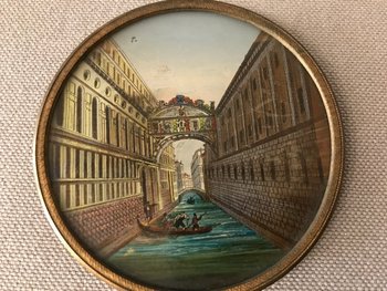 Miniature Petit Cadre Rond Eglomisé Décor De Venise D’époque 18 ème