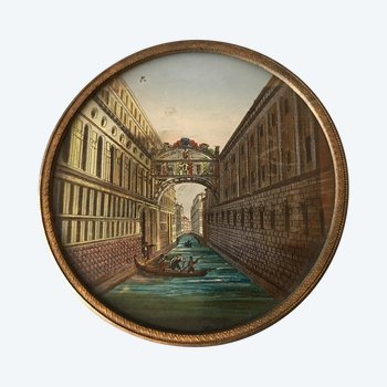 Miniature Petit Cadre Rond Eglomisé Décor De Venise D’époque 18 ème