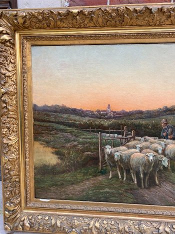 OLIO SU TELA, SCUOLA FRANCESE DEL XIX SECOLO, raffigurante UN GRUPPO DI PECORE E IL SUO CAPPACE, firmato V. VEZIEN