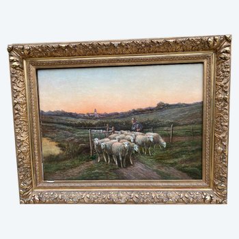 OIL ON CANVAS, FRENCH SCHOOL OF THE XIXth century, representing A TROUPLE OF SHEEP AND ITS SHEPHERD, signed V. VEZIEN