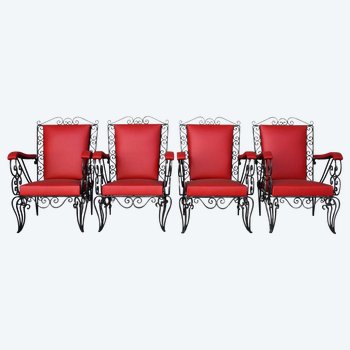 Series 4 Wrought Iron Armchairs 1950's Red Skaï