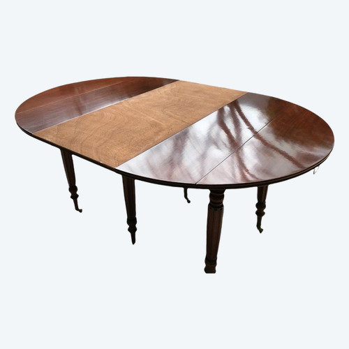 Tavolo da pranzo in mogano a 6 gambe, epoca XIX secolo, con ribalte.