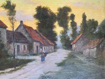 Scuola di Barbizon. Paesaggio abitato. Olio su tela del XIX secolo.