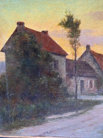 Scuola di Barbizon. Paesaggio abitato. Olio su tela del XIX secolo.