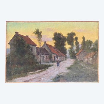 Schule von Barbizon. Bewohnte Landschaft. Öl auf Leinwand aus dem 19.