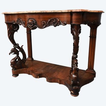 Superb Napoleon III Mahogany Console Mahogany Veneer Richly Carved Nineteenth