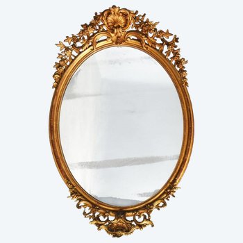 Large Napoleon III Oval Mirror In Golden Stucco Nineteenth