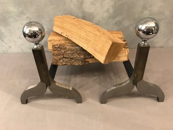 Pair Of Modernist Chromed Metal And Bronze Andirons Circa 1970