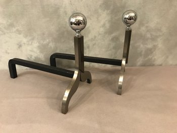 Pair Of Modernist Chromed Metal And Bronze Andirons Circa 1970