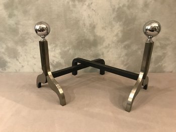 Pair Of Modernist Chromed Metal And Bronze Andirons Circa 1970