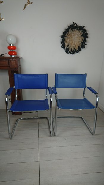 Fauteuils design cuir Bleue roi Marcel Breuer attribué Mattéo  Grassi