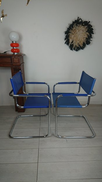Fauteuils design cuir Bleue roi Marcel Breuer attribué Mattéo  Grassi