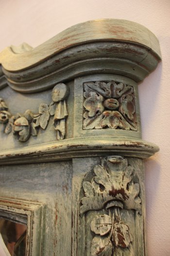 Grand Miroir Bois Sculpté Et Patiné, Glace Biseautée 99 X 168 Cm
