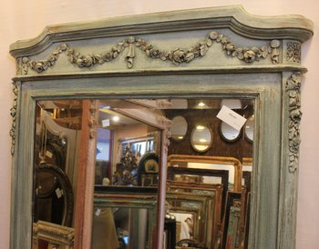 Grand Miroir Bois Sculpté Et Patiné, Glace Biseautée 99 X 168 Cm