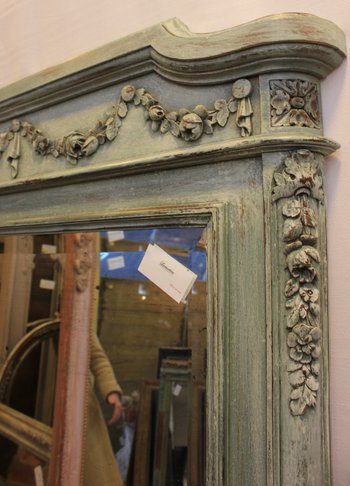 Grand Miroir Bois Sculpté Et Patiné, Glace Biseautée 99 X 168 Cm