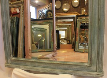 Grand Miroir Bois Sculpté Et Patiné, Glace Biseautée 99 X 168 Cm