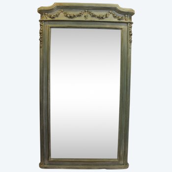 Grand Miroir Bois Sculpté Et Patiné, Glace Biseautée 99 X 168 Cm
