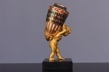 Soliflore En Bronze Doré Napoléon III Et Cloisonné Au Bébé Porteur XIXème