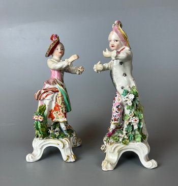 A fine pair of 18thc Bow "New Dancers" figures on rococo footed bases. 1756-65