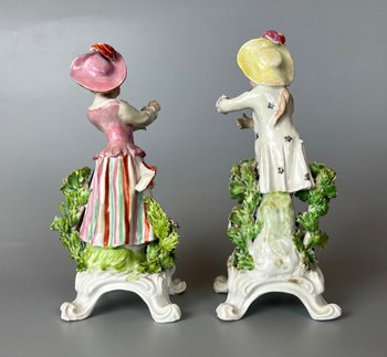 A fine pair of 18thc Bow "New Dancers" figures on rococo footed bases. 1756-65