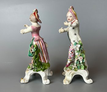 A fine pair of 18thc Bow "New Dancers" figures on rococo footed bases. 1756-65