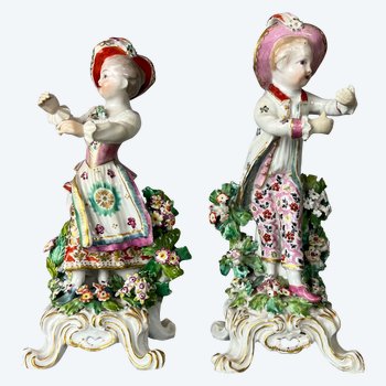 A fine pair of 18thc Bow "New Dancers" figures on rococo footed bases. 1756-65