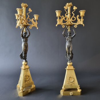 Pair Of Large Candelabra With Caryatids, First Third Of The 19th Century