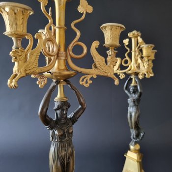 Pair Of Large Candelabra With Caryatids, First Third Of The 19th Century