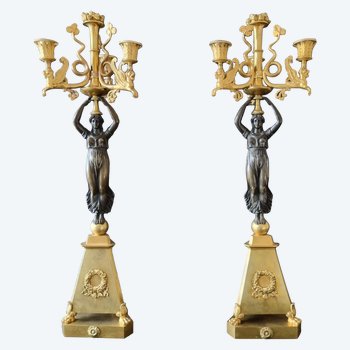 Pair Of Large Candelabra With Caryatids, First Third Of The 19th Century