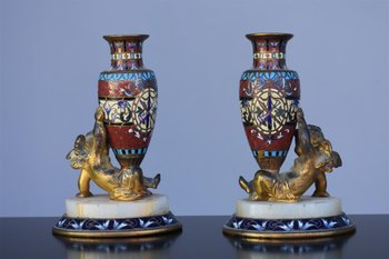 Paire De Porte Soliflore Bronze Doré Cloisonné Napoléon III Aux Angelots Fin XIXème