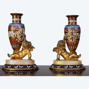 Pair Of Door Soliflore Gilt Bronze Cloisonne Napoleon III Aux Cherubs Late Nineteenth