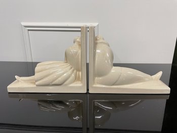 Robj - Coppia di fermalibri Pierrot Colombine Art Déco in terracotta incrinata