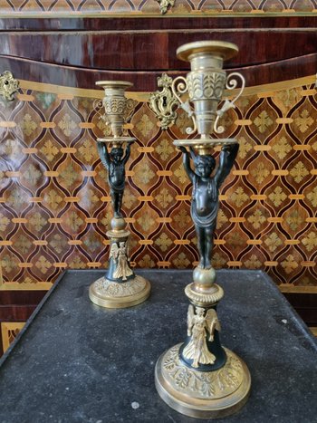 Empire Period, Large Pair Of Candlesticks With Genies.