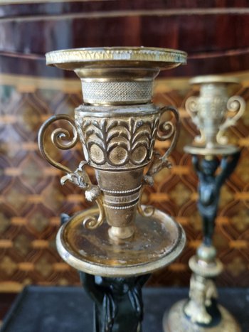 Empire Period, Large Pair Of Candlesticks With Genies.
