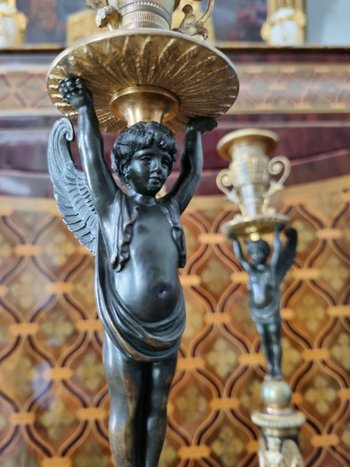 Empire Period, Large Pair Of Candlesticks With Genies.
