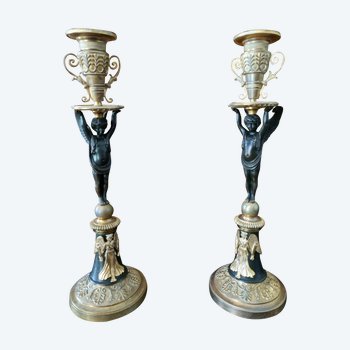 Empire Period, Large Pair Of Candlesticks With Genies.