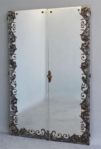 Pair Of Cabinet Door In Eglomised Glass With Pediment Style 1940