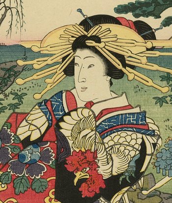 Toyohara KUNICHIKA, stampa giapponese, ukiyo-e, gallo Geisha e fiori