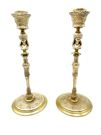 Pair of Barbédienne foundry candlesticks in bronze