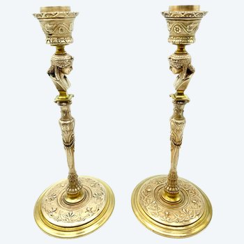 Pair of Barbédienne foundry candlesticks in bronze