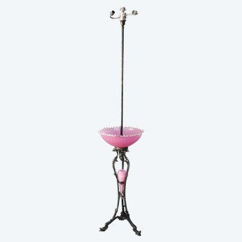 Rare Lampadaire En Métal Argenté Et Opaline Rose Par Maison Christofle époque 1900