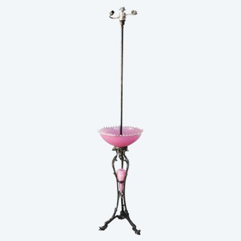 Rare Floor Lamp In Silver Metal And Pink Opaline By Maison Christofle Period 1900