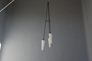 1950 Italian Metal Chandelier In Opaline Tulips 175cm