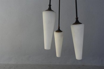 1950 Italian Metal Chandelier In Opaline Tulips 175cm